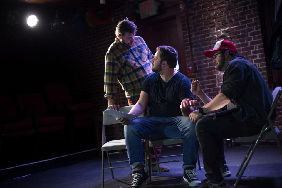 A rehearsal for “Granite State Proud,” opening at the Players’ Ring on Nov. 10. Left to right actors Matthew Schofield as Briggs, Jacob Zentis as Camel and Christian Arnold as Chuck.