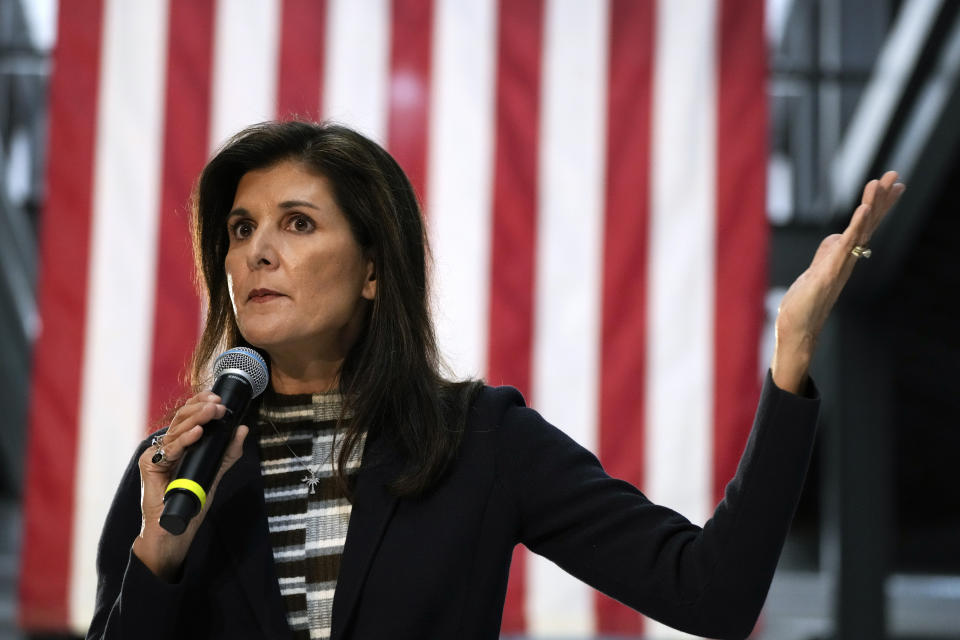 FILE - Republican presidential candidate Nikki Haley speaks to voters at a town hall campaign event, Monday, Feb. 20, 2023, in Urbandale, Iowa. On Friday, Feb 24, The Associated Press reported on stories circulating online incorrectly claiming Haley “changed” her name for political reasons. (AP Photo/Charlie Neibergall, File)