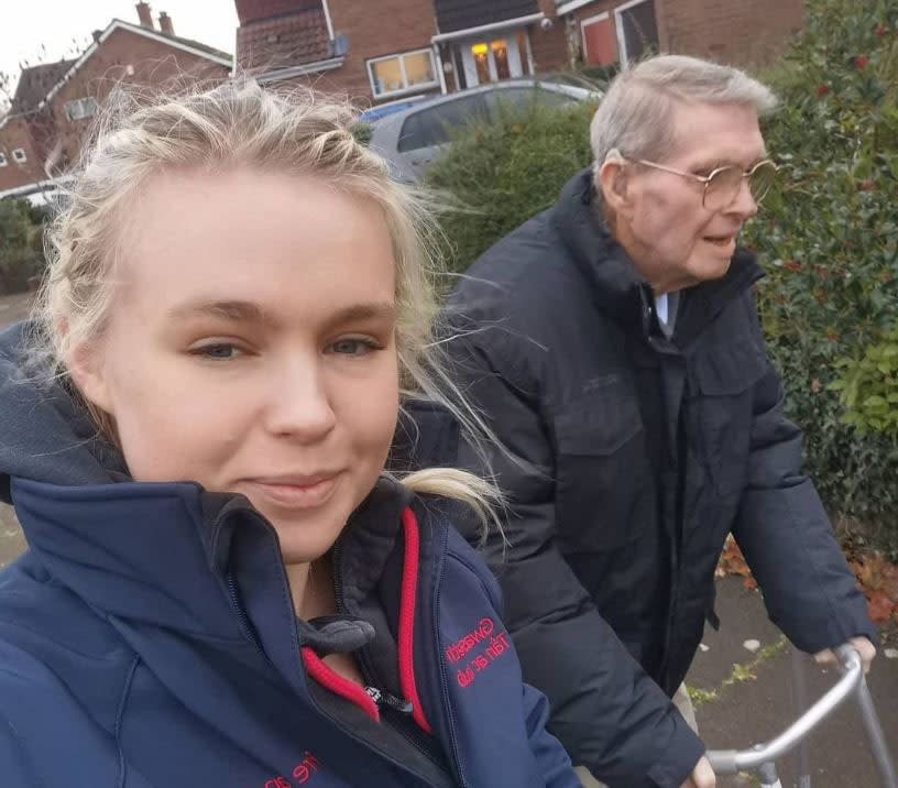 Nicole with Melvyn before his fall - A woman was told no ambulances would be available to help her grandad after he fell and broke his hip. Nicole Lea ended up strapping him to a plank of wood and driving him to hospital in the back of a van.

Ms Lea from Pontypool said she found 89-year-old Melvyn Ryan lying on the floor at his home in Cwmbran in the early hours of Friday morning (December 9). She had been alerted to his fall by a call from the emergency lifeline button round the pensioner's neck.
When she arrived, she discovered he'd also suffered a broken shoulder and was bleeding from a cut to his head. However, when she called 999 for an ambulance she was told none were available and that no one would be coming to help.

Instead the call handler reportedly told Nicole to ring an out-of-hours GP and book a taxi to transport the pensioner to hospital, before hanging up in order to 'answer other calls'. 