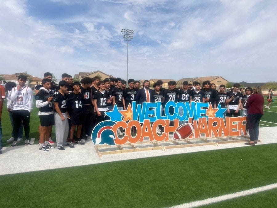 Ryan Warner, center, is the new head football coach at Pebble Hills, where he replaces Mark Torres. Warner spent four years as head coach at Class 5A Chapin.