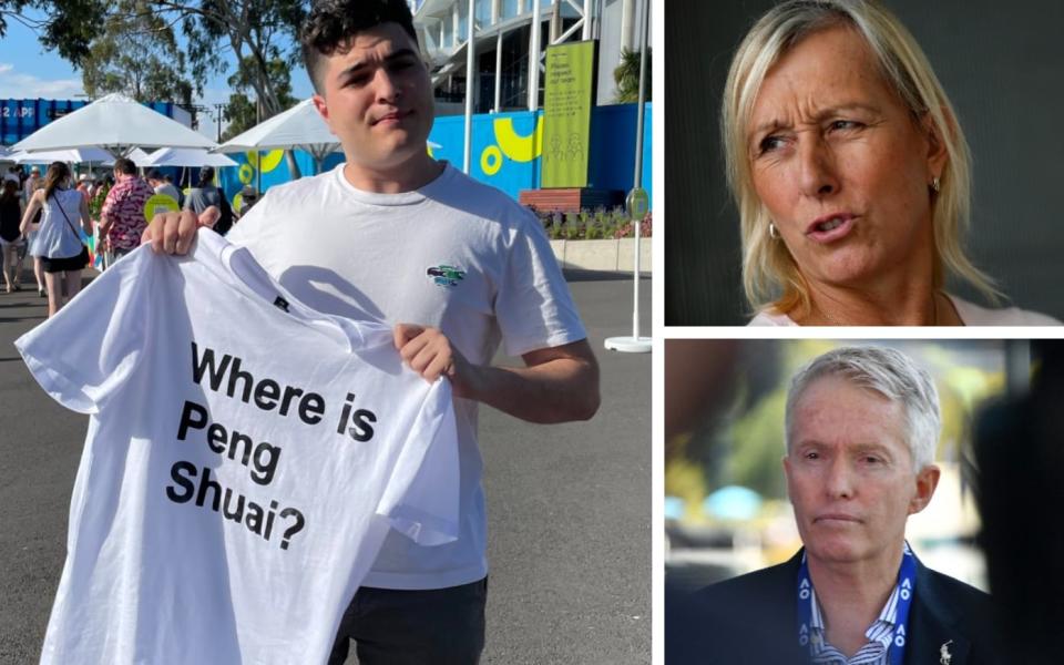 Activist Drew Pavlou, Martina Navratilova and Craig Tiley - Wearing ‘Free Peng Shuai’ T-shirts at Australian Open is fine – but do not disrupt event, say Tennis Australia - TWITTER: @DREWPAVLOU / REUTERS / GETTY IMAGES