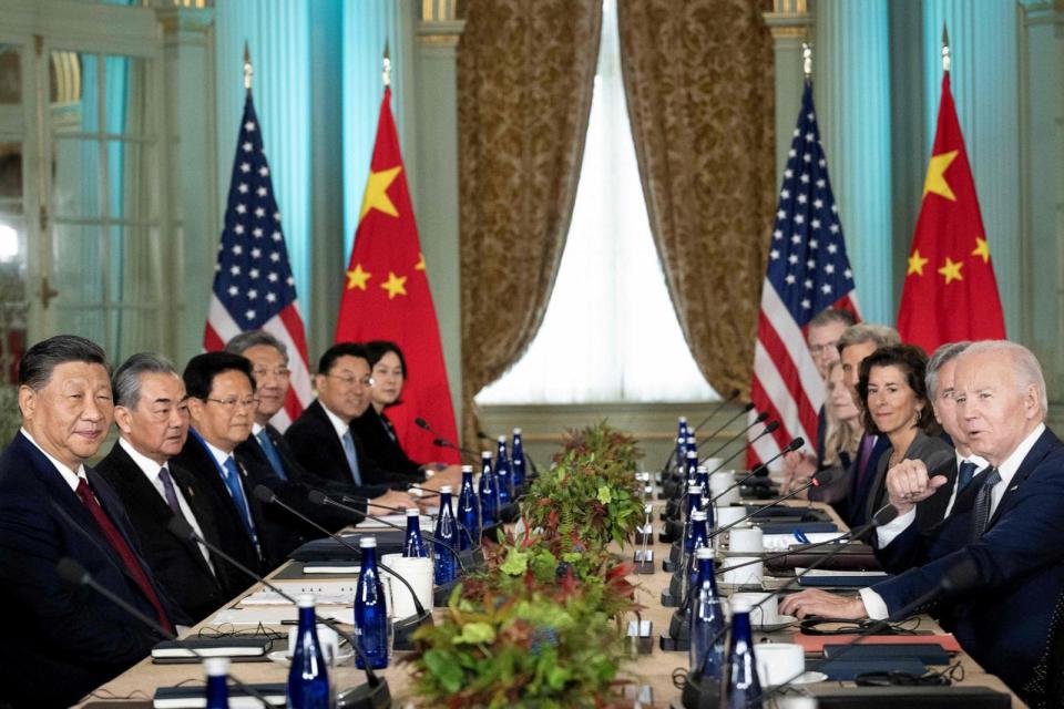 PHOTO: President Joe Biden meets with Chinese President Xi Jinping (L) during the Asia-Pacific Economic Cooperation (APEC) Leaders' week in Woodside, California on November 15, 2023. (Brendan Smialowski/AFP via Getty Images)