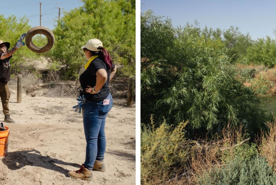 Left: Irving Chavez (center) tosses a discarded tire to the side as Israel Chavez (left) and Valerie Dominguez (right) look on. They are volunteers with the group “El Paso Needs A Limpia,” who pick up trash in El Paso area parks. Right: Valerie Dominguez looks for litter to clean up in the Rio Bosque Wetlands Park. <cite>Credit: Justin Hamel for The Texas Tribune/Inside Climate News</cite>