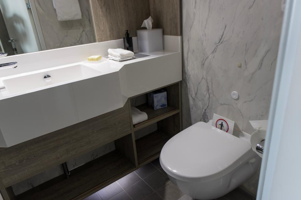 toilet with marble backdrop