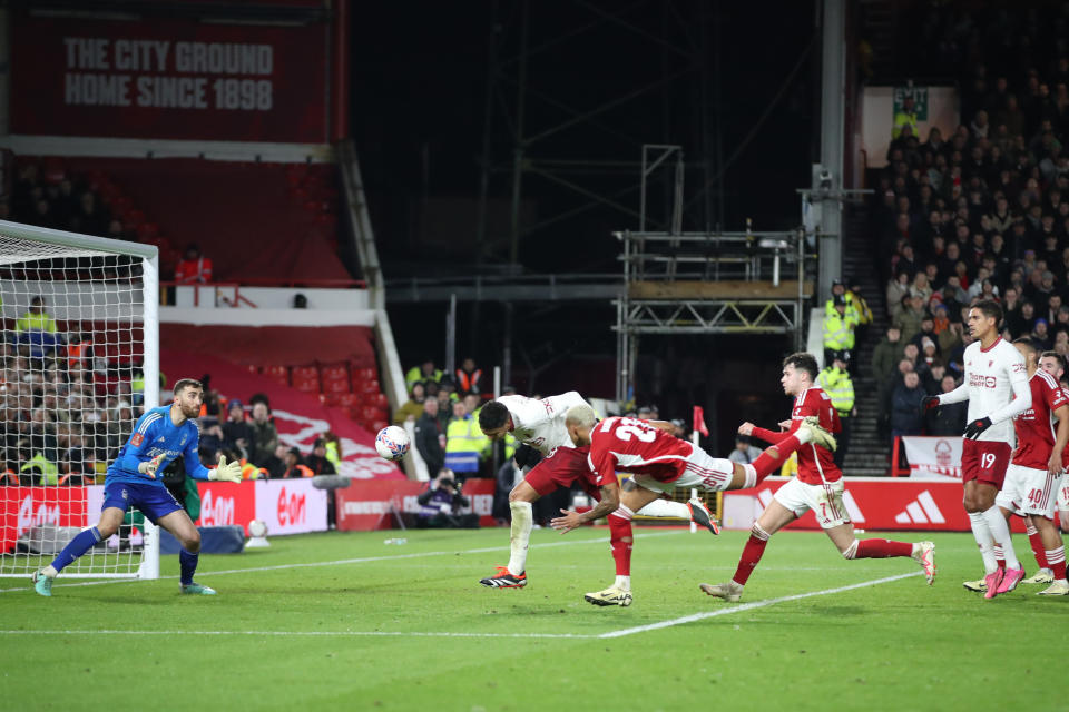 NOTTINGHAM, ENGLAND - FEBRUARY 28: Casemiro of Manchester United scores the sides first goal to make it 0-1 during the Emirates FA Cup Fifth Round match between Nottingham Forest and Manchester United at City Ground on February 28, 2024 in Nottingham, England. (Photo by MB Media/Getty Images)