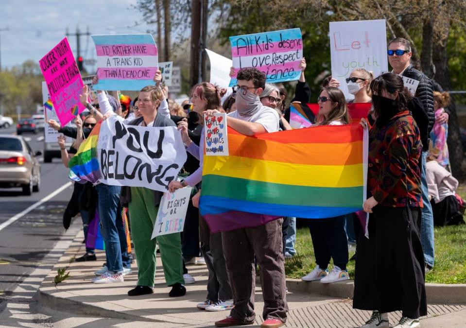 Students and family members demonstrate during a March school walkout and rally in Roseville to protest the Roseville Joint Union High School District’s decision to cut ties with a local LGBTQ group. 