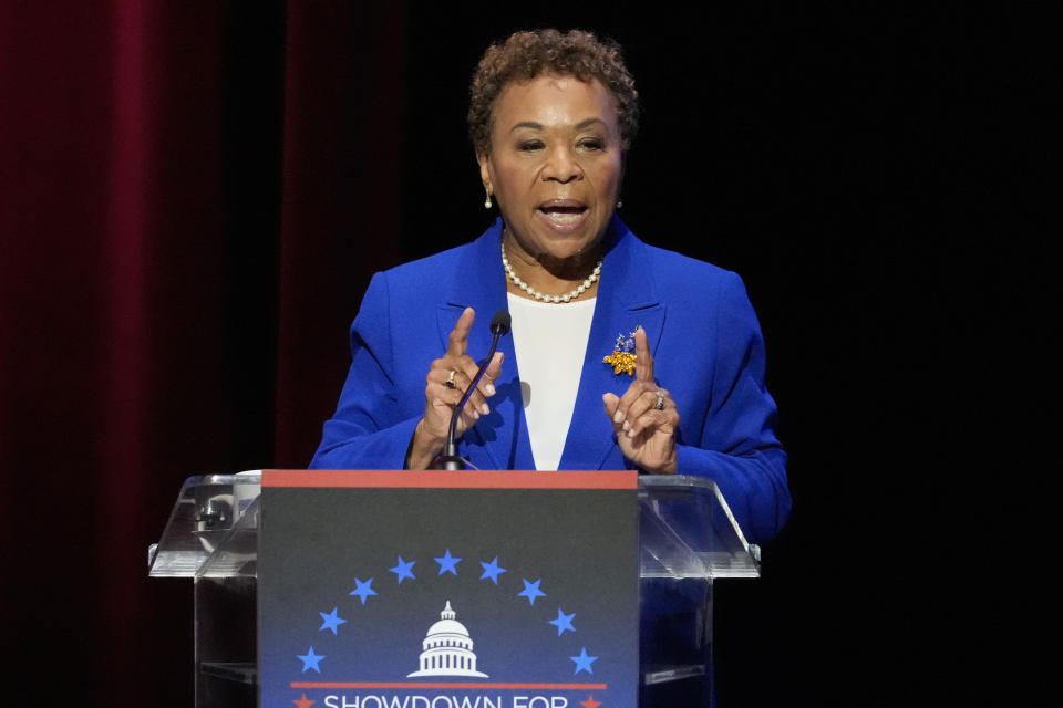 FILE - Rep. Barbara Lee, D-Calif., speaks during a televised debate for candidates in the senate race, Jan. 22, 2024, in Los Angeles. With the possibility of record-low voter turnout elevating the chances of Republican former baseball star Steve Garvey to advance to the general election in November, he threatens to crowd out two other prominent Democratic candidates from the ballot – Lee and Rep. Katie Porter, D-Calif. (AP Photo/Damian Dovarganes, File)