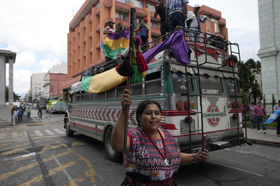 Indigenous people from the western communities arrive at Constitution square during the second Day of a national strike in Guatemala City, Tuesday , Oct. 10, 2023. People are protesting to support President-elect Bernardo Arévalo after Guatemala's highest court upheld a move by prosecutors to suspend his political party over alleged voter registration fraud. (AP Photo/Moises Castillo)