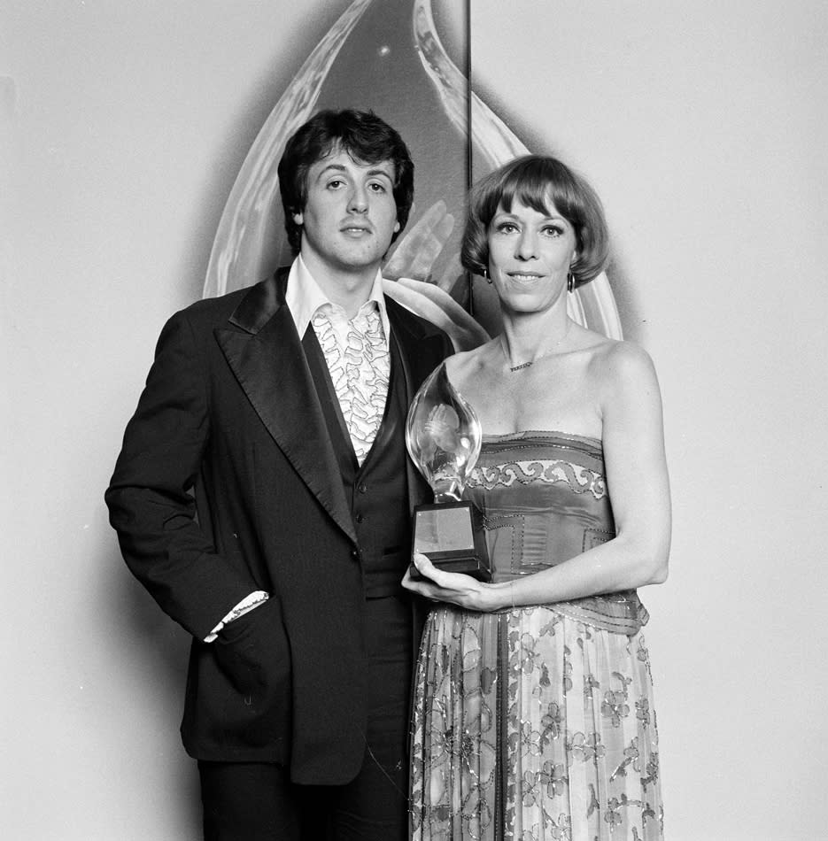 Sylvester Stallone with Carol Burnett, winner of ?Favorite All-Around Female Entertainer,? at PEOPLE?S CHOICE AWARDS 1977.