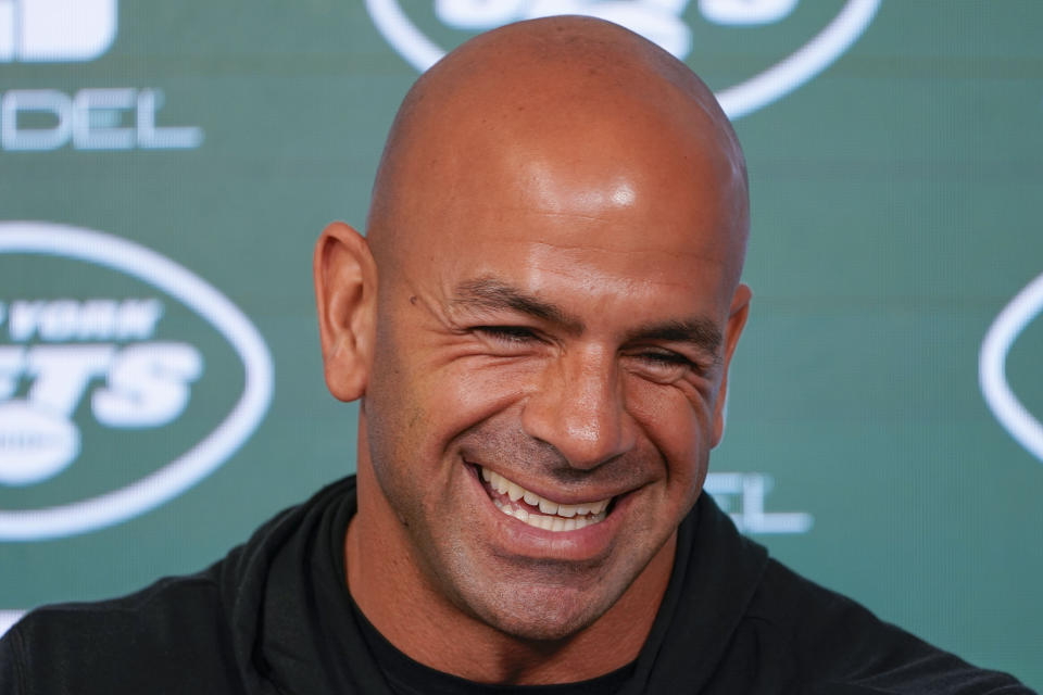 New York Jets head coach Robert Saleh talks to reporters before the start of a practice at the NFL football team's training facility in Florham Park, N.J., Tuesday, May 24, 2022. (AP Photo/Seth Wenig)