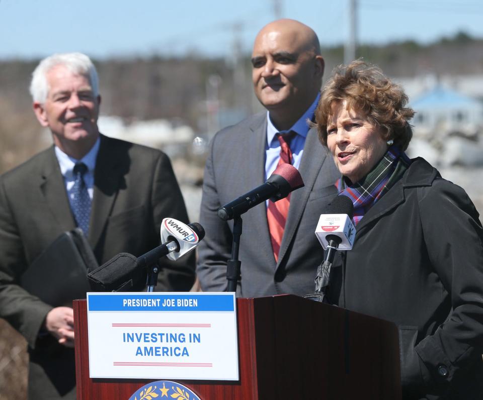 U.S. Senator Jeanne Shaheen talks about the Federal Highway Administration’s Promoting Resilient Operations for Transformative, Efficient, and Cost-saving Transportation (PROTECT) Discretionary Grant Program which will help rebuild a stretch of the Seacoast heavily damaged by storms. Also with Shaheen are Bill Cass, Commissioner, New Hampshire Department of Transportation at left, and Shailen Bhatt, Federal Highway Administrator.