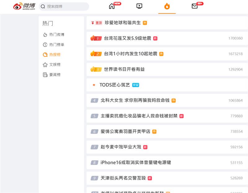 台灣連震衝上「微博熱搜」第1名，陸網友祈願「一切安好」。（圖／翻攝微博）