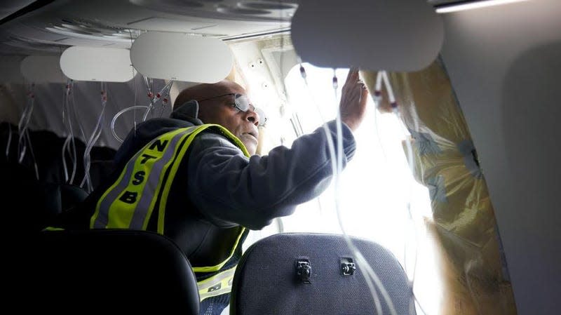 The NTSB investigates Alaska Airlines Flight 1282 after a “door plug” blew off during a flight in January.<br> - Photo: Handout / Handout (Getty Images)