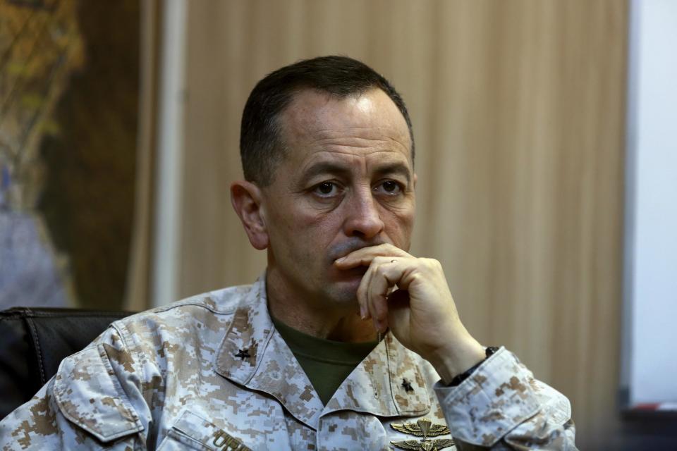 Brig. Gen. Rick Uribe listens during an interview with The Associated Press in Irbil, 217 miles (350 kilometers) north of Baghdad, Iraq, Sunday, Jan. 1, 2017. In the interview Uribe, a senior U.S. military commander in Iraq, expressed confidence in Iraqi forces fighting to recapture the northern city of Mosul from Islamic State militants. Uribe said he agrees with the forecast given by Iraqi Prime Minister Haider al-Abadi that it would take another three months to liberate Mosul, the last Iraqi urban center still in the hands of the extremist group. (AP Photo/Khalid Mohammed)