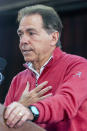 Alabama football coach Nick Saban introduces and thanks Alabama quarterback Tua Tagovailoa before he announces his intentions to declare for the 2020 NFL football draft, Monday, Jan. 6, 2020, in Tuscaloosa, Ala. (AP Photo/Vasha Hunt)