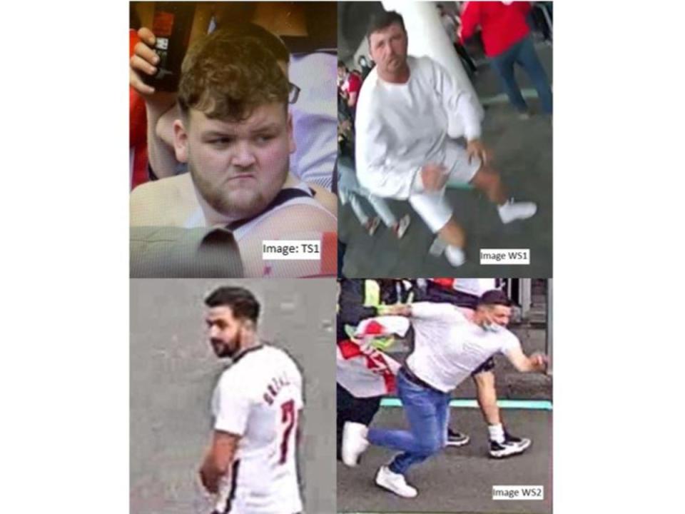 Police are appealing for help identifying four men wanted in connection with Euro 2020 final disorder (Metropolitan Police)