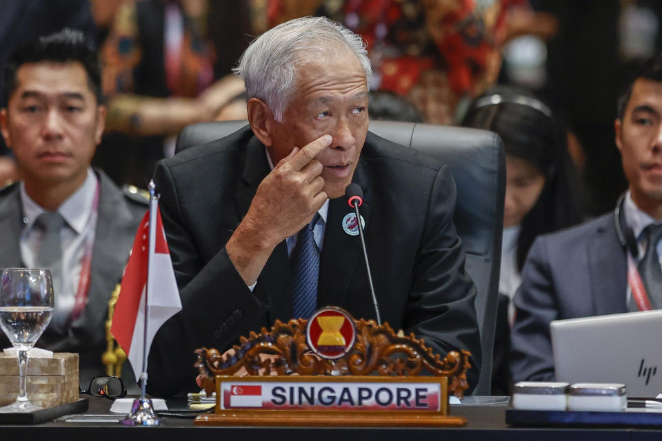 Singapore's Defense Minister Ng Eng Hen speaks during the Association of Southeast Asian Nations (ASEAN) Defense Ministers Meeting in Jakarta, Indonesia, Wednesday, Nov. 15, 2023. (Mast Irham/Pool Photo via AP)