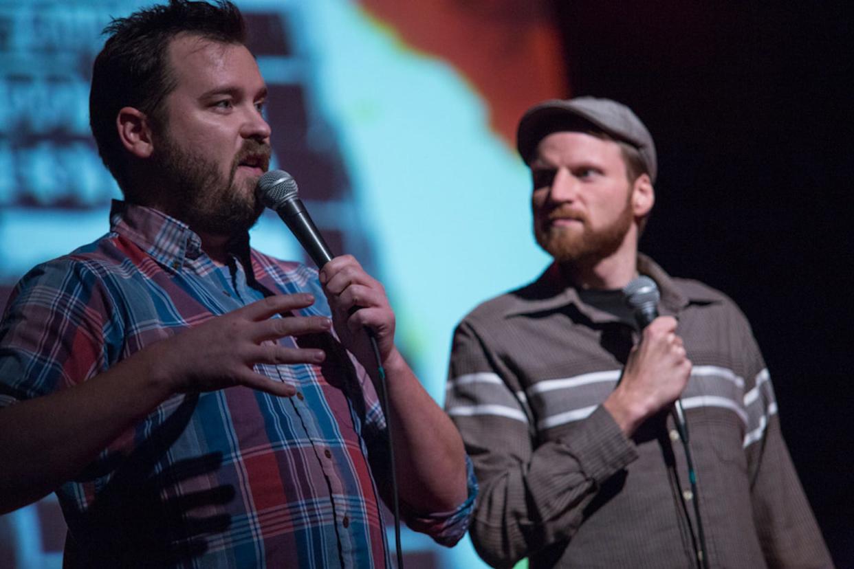 This promotional image from Dec. 19, 2012 shows Found Footage Festival co-founders (L-R) Joe Pickett and Nick Prueher. The duo will be in Athens, Ga. on Oct. 11, 2023 to host the 10th volume of their video comedy program.