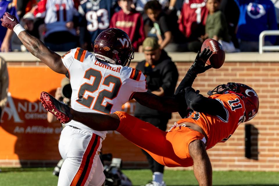 Tre Tucker is unable to get to a pass while defended by Virginia Tech's Chamarri Conner. Tucker did have an 18-yard reception in the Senior Bowl for the winning National team.