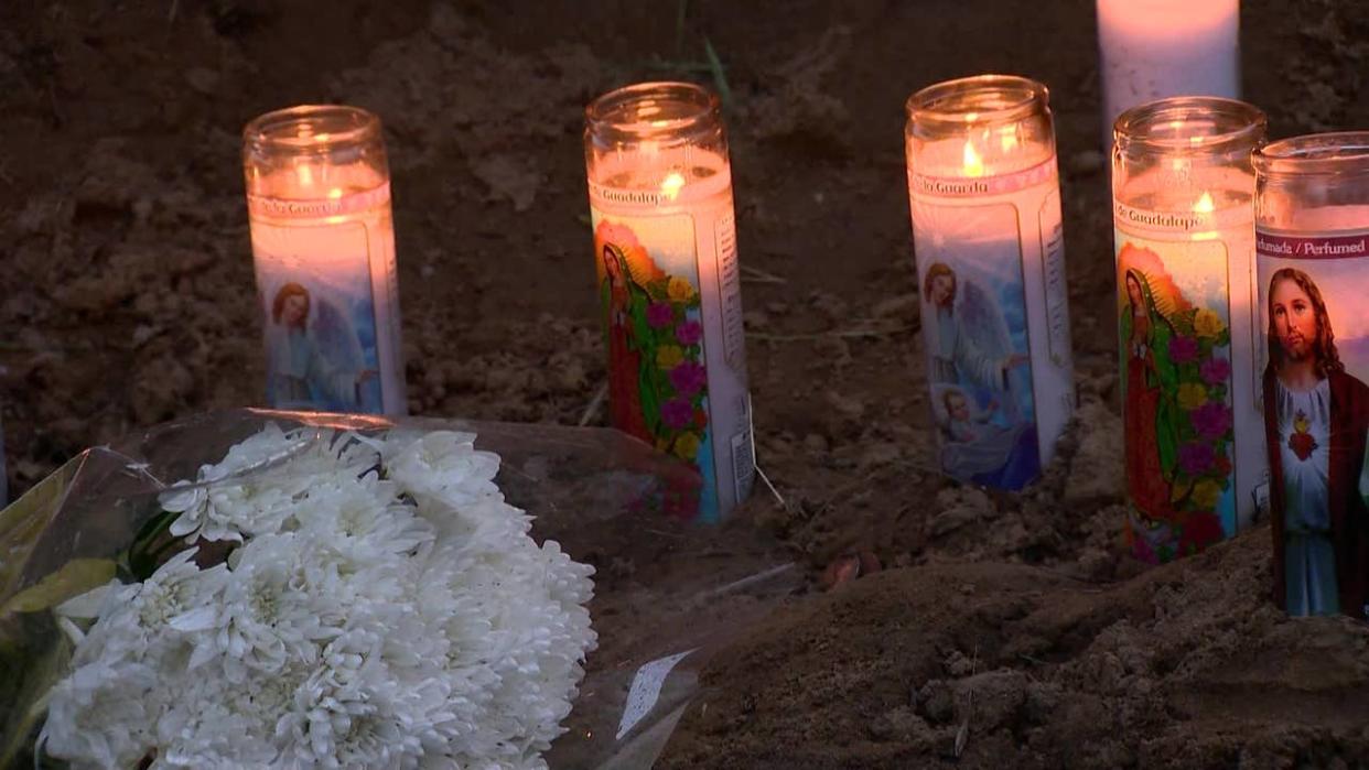 <div>Four people, including a baby boy, were killed over the weekend in Manteca after a crash on Highway 120, a site now filled with candles, flowers and a cross to mark the tragedy. Photo: KCRA</div>