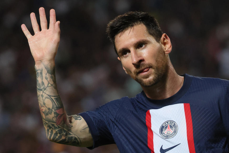 Paris Saint-Germain's Argentinian forward Lionel Messi gestures during the French Champions' Trophy (Trophee des Champions) final football match, Paris Saint-Germain versus FC Nantes, in the at the Bloomfield Stadium, in Tel Aviv on July 31, 2022. (Photo by JACK GUEZ / AFP) (Photo by JACK GUEZ/AFP via Getty Images)