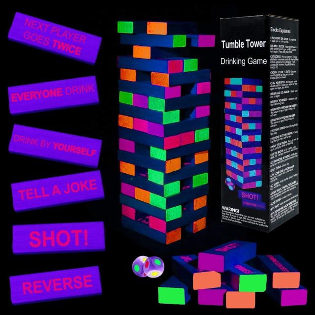 ArtCreativity Tumbling Tower Drinking Game 4 Glasses 60 Wooden Blocks with Challenges Party Games