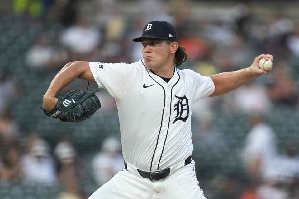 Detroit Tigers pitcher Tyler Holton (87) throws against the Cleveland Guardians in the sixth inning of a baseball game, Monday, July 8, 2024, in Detroit. (AP Photo/Paul Sancya)