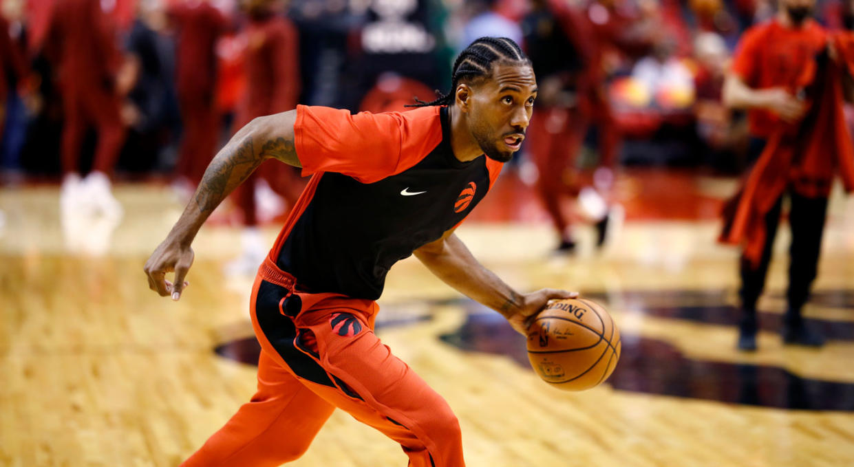 Kawhi Leonard made his Raptors debut Wednesday. (Getty)