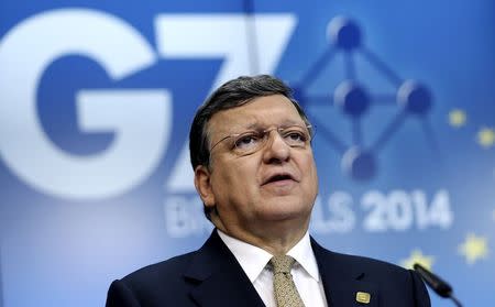 European Commission President Jose Manuel Barroso speaks during a news conference ahead of a G7 summit at the European Council building in Brussels June 4, 2014. The world's leading industrialized nations meet without Russia for the first time in 17 years on Wednesday, leaving President Vladimir Putin out of the talks in retaliation for his seizure of Crimea and Russia's part in destabilizing eastern Ukraine. REUTERS/Francois Lenoir (BELGIUM - Tags: POLITICS BUSINESS)