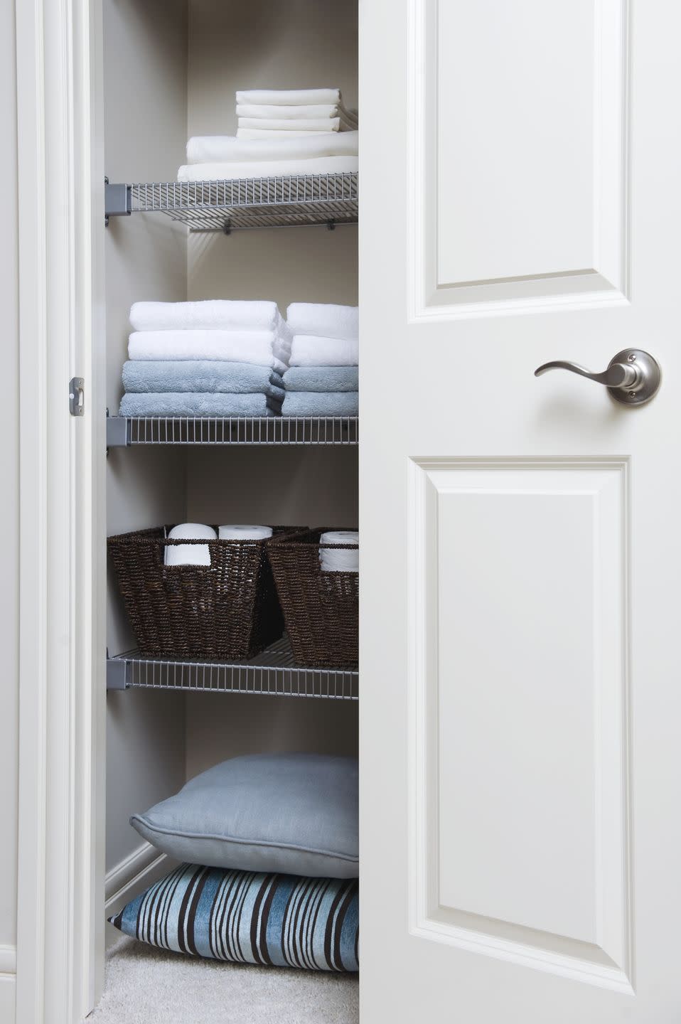 <p>You can never have enough sheets and towels ... until your closet is overflowing with mismatched, ratty, and well-loved linens. Instead of tucking them away in baskets, place everything straight on the shelves so that you can see exactly what you have. Use shelf dividers to keep everything separated and prevent stacks from toppling over. Rosenthal's top tip: Store sheets sets within the pillowcase to take the stress out of making the bed.<br></p><p><a class="link " href="https://www.amazon.com/Dividers-Cabinets-Libraries-Separators-Organizers/?tag=syn-yahoo-20&ascsubtag=%5Bartid%7C10063.g.36459111%5Bsrc%7Cyahoo-us" rel="nofollow noopener" target="_blank" data-ylk="slk:SHOP SHELF DIVIDERS;elm:context_link;itc:0;sec:content-canvas">SHOP SHELF DIVIDERS</a></p><p><strong>RELATED:</strong> <a href="https://www.goodhousekeeping.com/home-products/a22791349/ideal-bed-creation/" rel="nofollow noopener" target="_blank" data-ylk="slk:How to Build the Best Bed Ever;elm:context_link;itc:0;sec:content-canvas" class="link ">How to Build the Best Bed Ever</a></p>