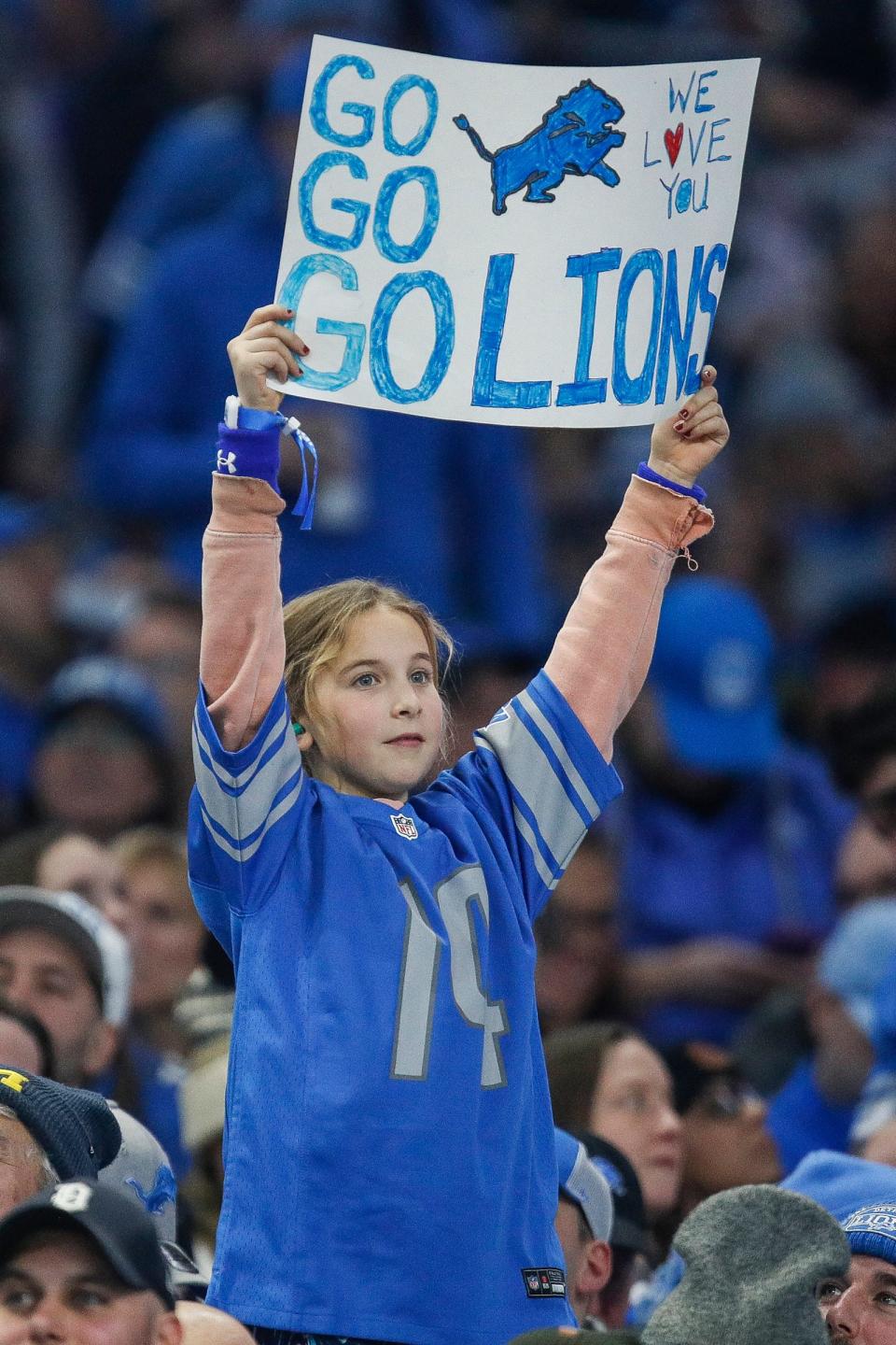 Detroit Lions fans cheer during the first half of the NFC wild-card game vs. the L.A. Rams at Ford Field in Detroit on Sunday, Jan, 14, 2024.