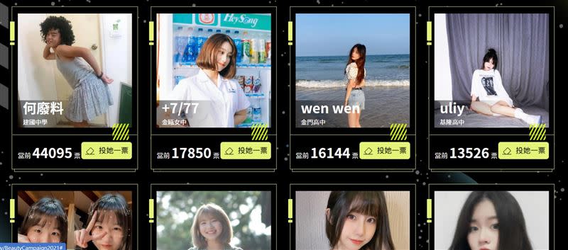 Meteor舉辦的「第二屆高校女神選拔賽」，目前由建中學生「何廢料」暫居第一名。（圖／翻攝自Meteor活動網站）
