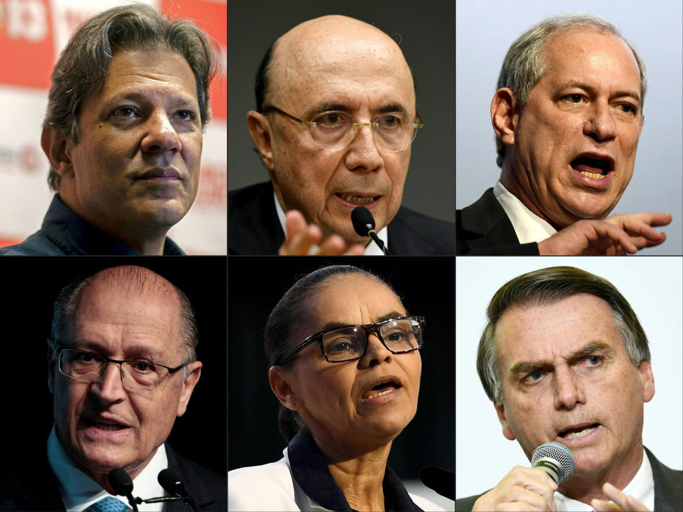 Fila de arriba de izquierda a derecha: Fernando Haddad (PT),Henrique Meirelles (MDB), Ciro Gomes (PDT). Fila de abajo de izquierda a derecha: Geraldo Alckmin (PSDB), Marina Silva (Rede) y Jair Bolsonaro (PSL) (Foto HuffPost México)