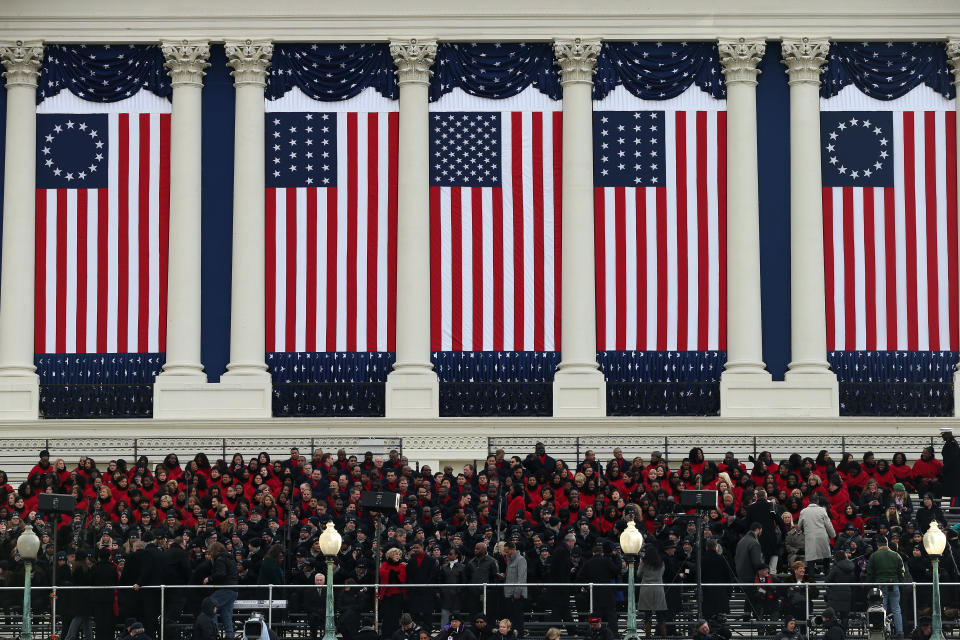 Lee University Choir from Cleveland, TN waits in the bleachers during the presidential inauguration on the West Front of the U.S. Capitol January 21, 2013 in Washington, DC. Barack Obama was re-elected for a second term as President of the United States. (Photo by Justin Sullivan/Getty Images)