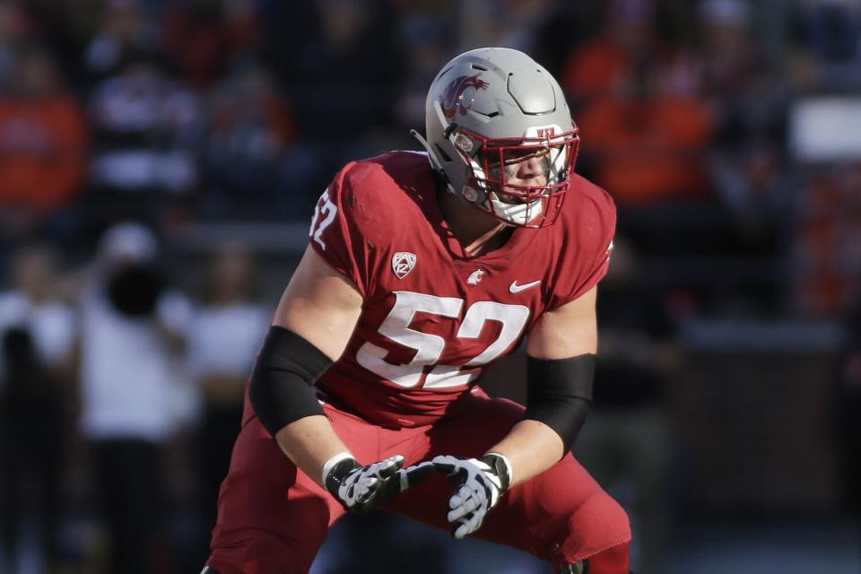 Washington State offensive lineman Jarrett Kingston blocks during a game against Oregon State.