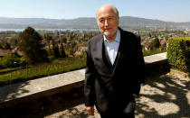 Former FIFA President Sepp Blatter poses for photographers after an interview at the terrace of the restaurant Sonnenberg in Zurich, Switzerland April 21, 2017. REUTERS/Arnd Wiegmann