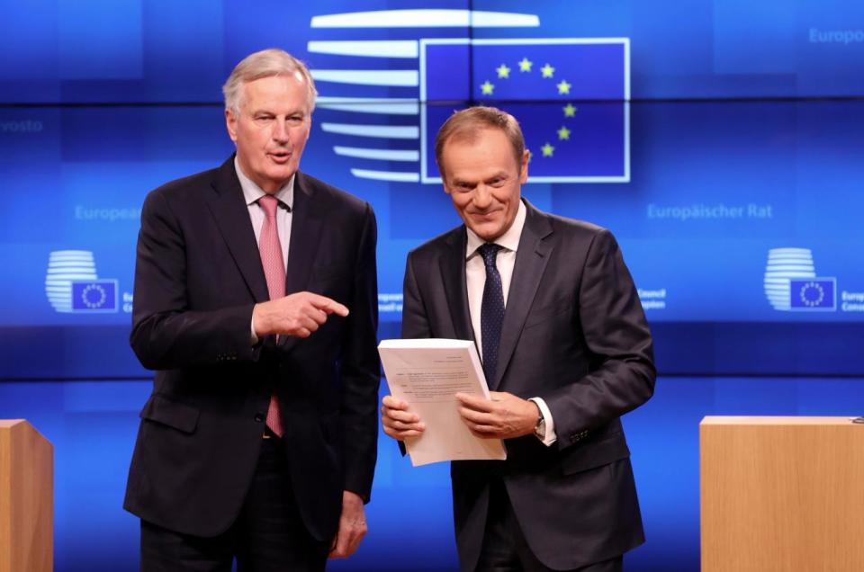 The EU's chief negotiator Michel Barnier with EU Council President Donald Tusk (AP)