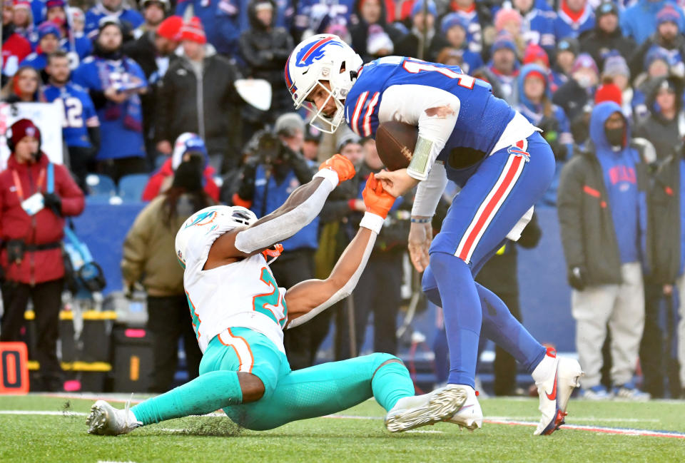 Josh Allen must be more careful with the ball, or else the Bills will be punished for a performance like the one they turned in agains the Dolphins on Sunday. (Mark Konezny/USA TODAY Sports)