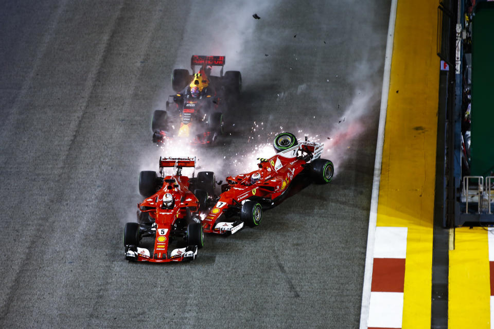 F1 boom… Sebastian Vettel ends his race – as well as Kimi Raikkonen’s and Max Verstappen’s – at the start of the 2017 Singapore Grand Prix