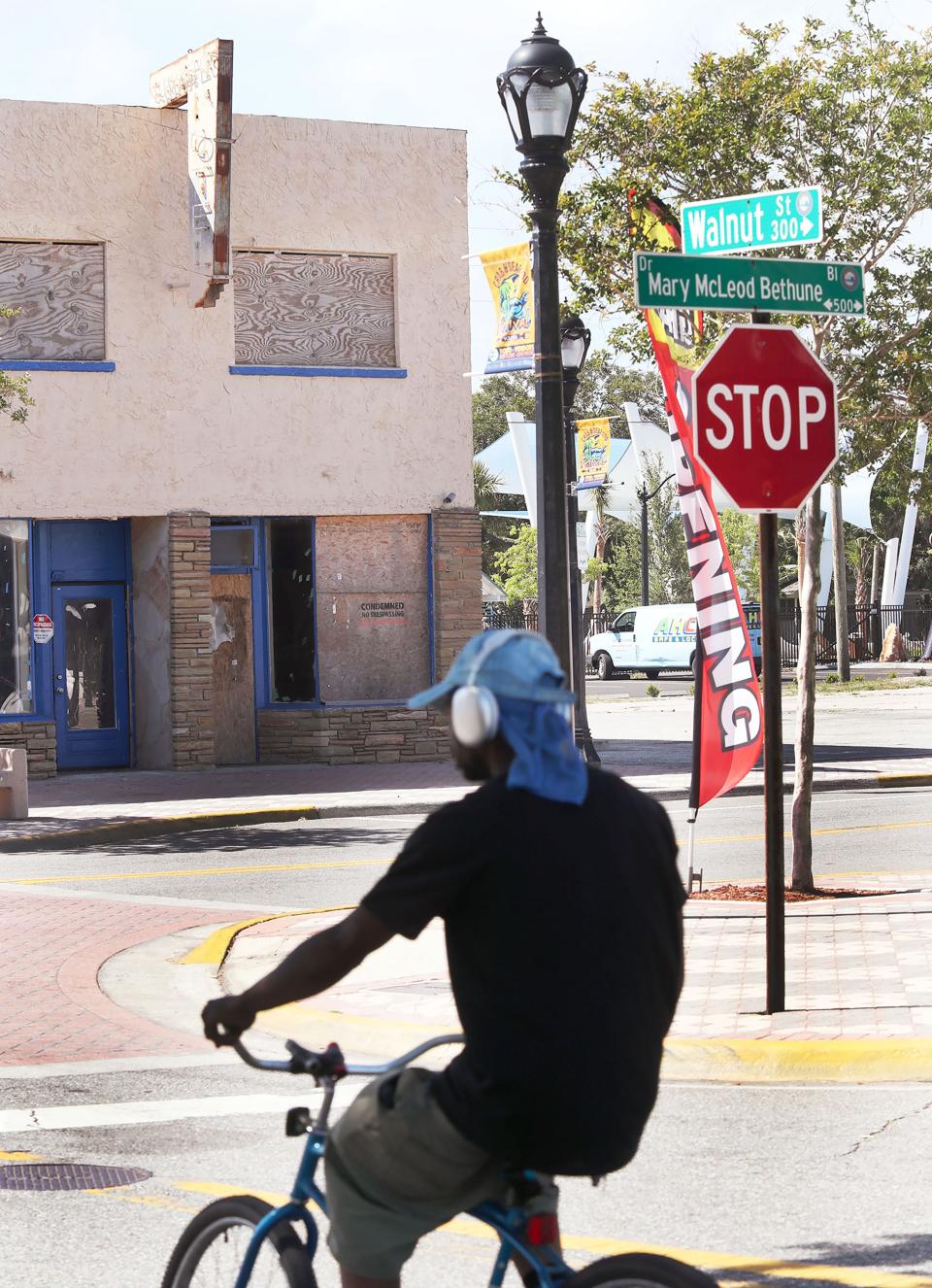 A boarded up business, Monday April 29,2024 in the 500 block of Mary McLeod Bethune Blvd..