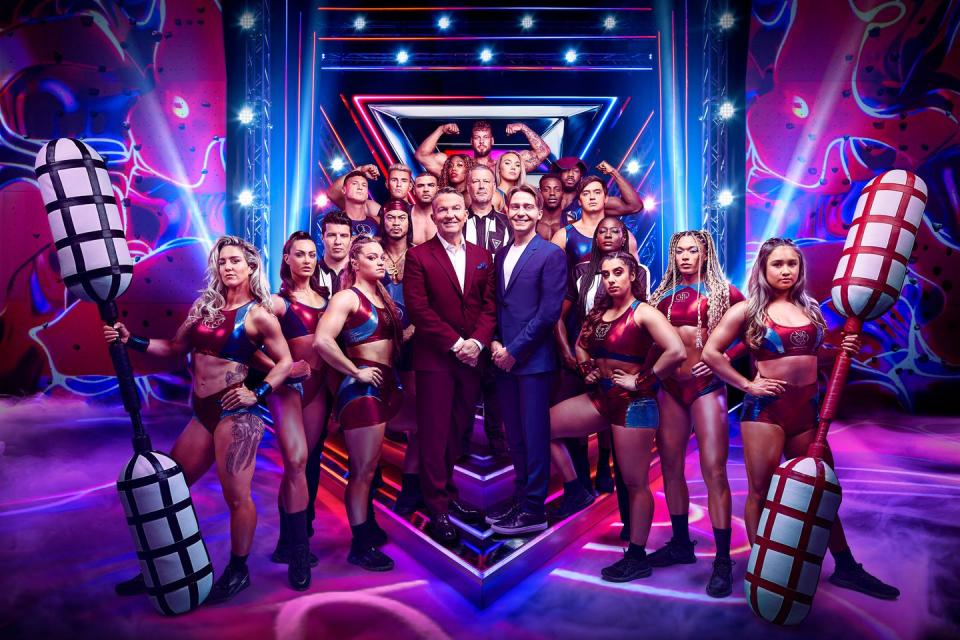 bradley walsh, barney walsh with gladiators legend, fire, bionic, diamond, nitro, electro, giant, steel, apollo, comet, viper, athena, fury, phantom, sabre, dynamite