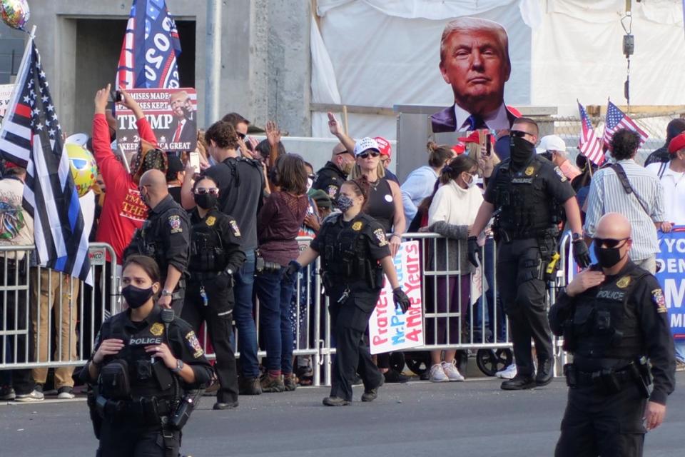 Banners and flags were much on display outside Walter Reed  on Oct. 4, 2020.  