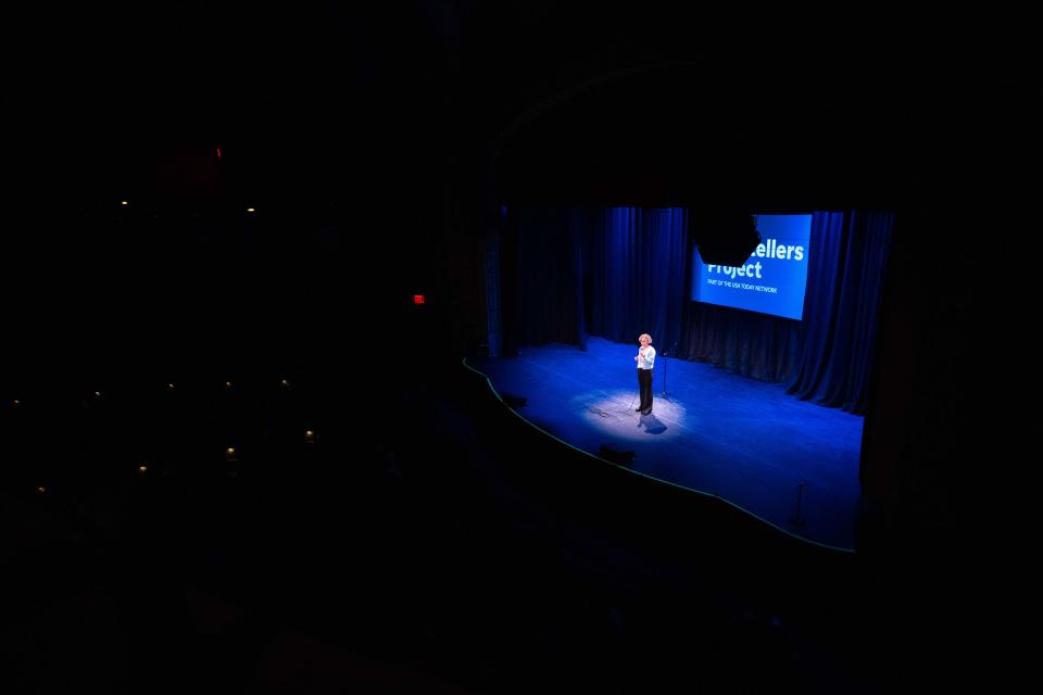 Deborah Svec-Carstens tells a story during the Des Moines Register Storytellers Project's "Community" Show Tuesday, Feb. 27, 2024, at Hoyt Sherman Place in Des Moines.