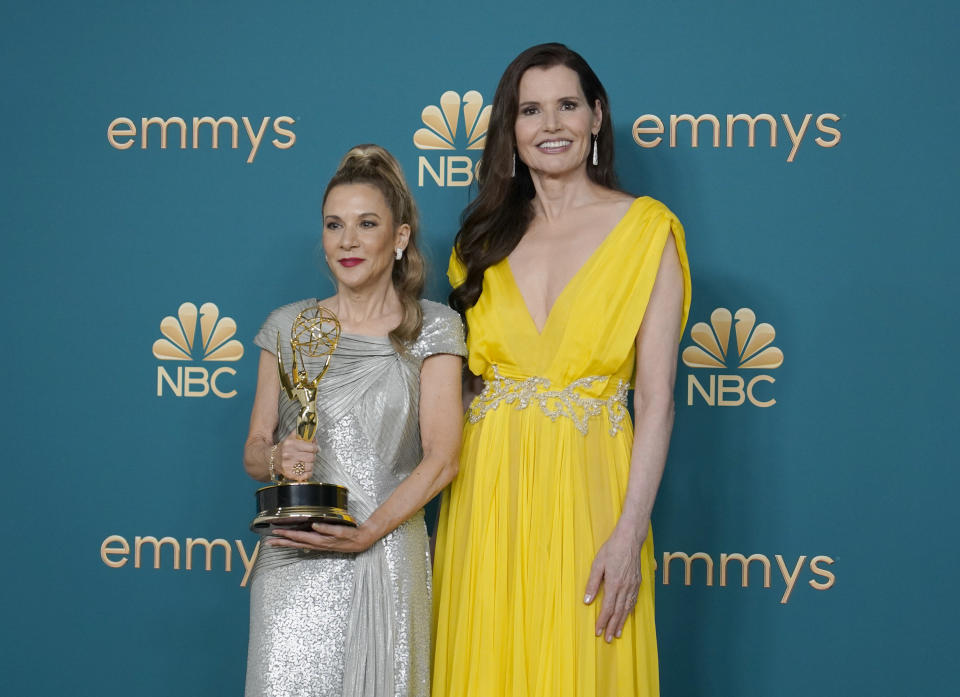 Madeline Di Nonno, left, and Geena Davis pose in the press room with the Governors award on behalf of the Geena Davis Institute on Gender in Media at the 74th Primetime Emmy Awards on Monday, Sept. 12, 2022, at the Microsoft Theater in Los Angeles. (AP Photo/Jae C. Hong)