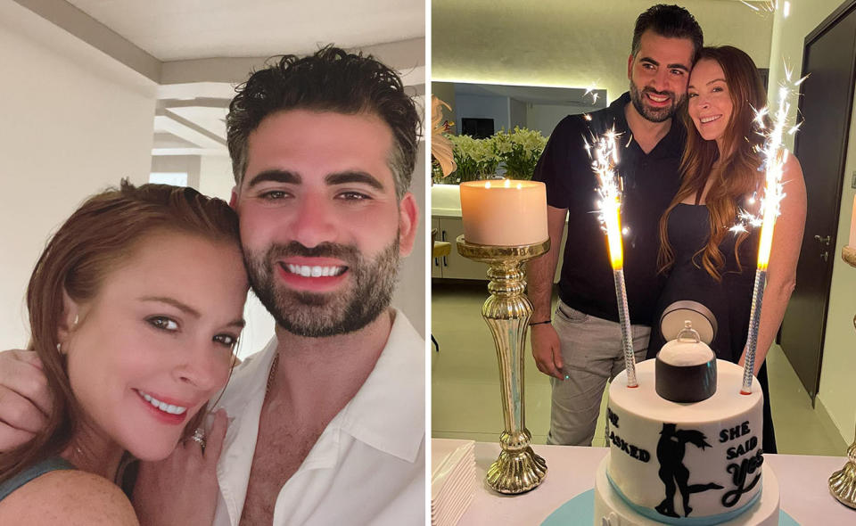 Two photos of Lindsay Lohan with husband Bader Shammas celebrating their marriage and engagement