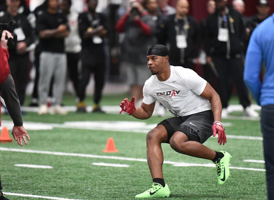 Mar 20, 2024; Tuscaloosa, Alabama, USA; Alabama, USA; Alabama defensive back Jaylen Key runs a drill at the Hank Crisp Indoor Practice Facility during the University of Alabama’s Pro Day.