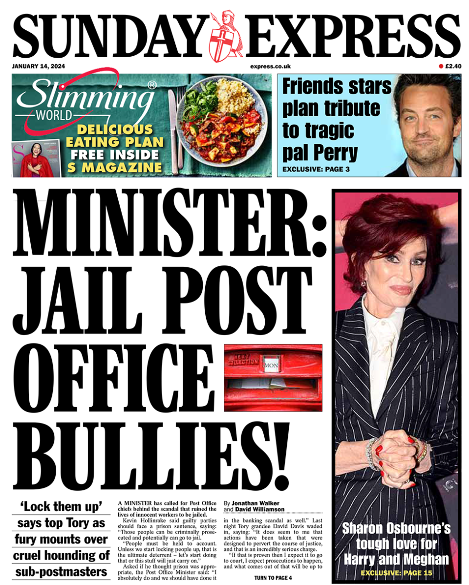 The headline on the front page of the Sunday Express reads: "Minister: Jail post office bullies!"