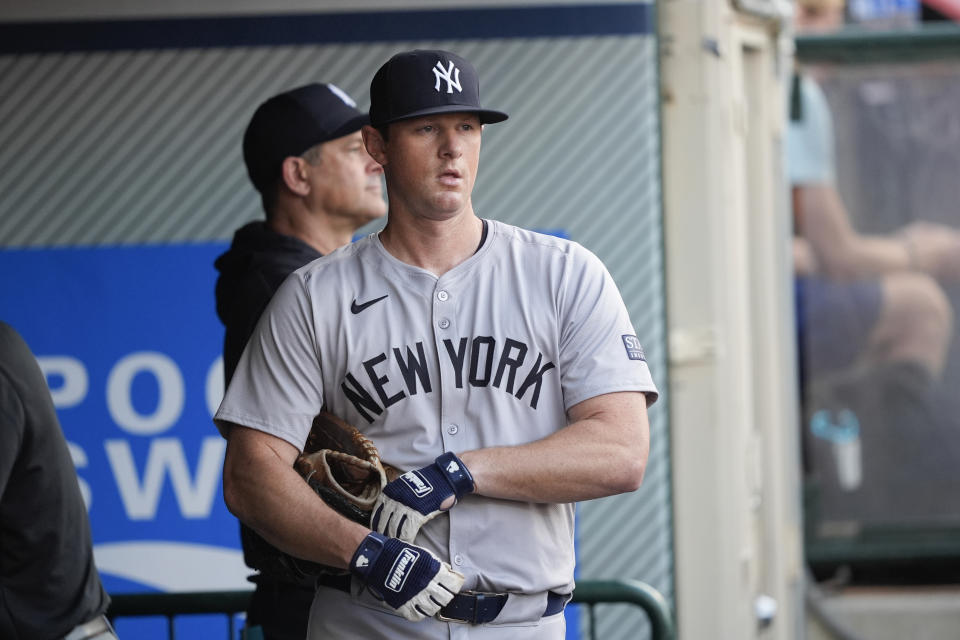 New York Yankees third baseman DJ LeMahieu stands in the dugout before the team's baseball game against the Los Angeles Angels, Tuesday, May 28, 2024, in Anaheim, Calif. (AP Photo/Ryan Sun)