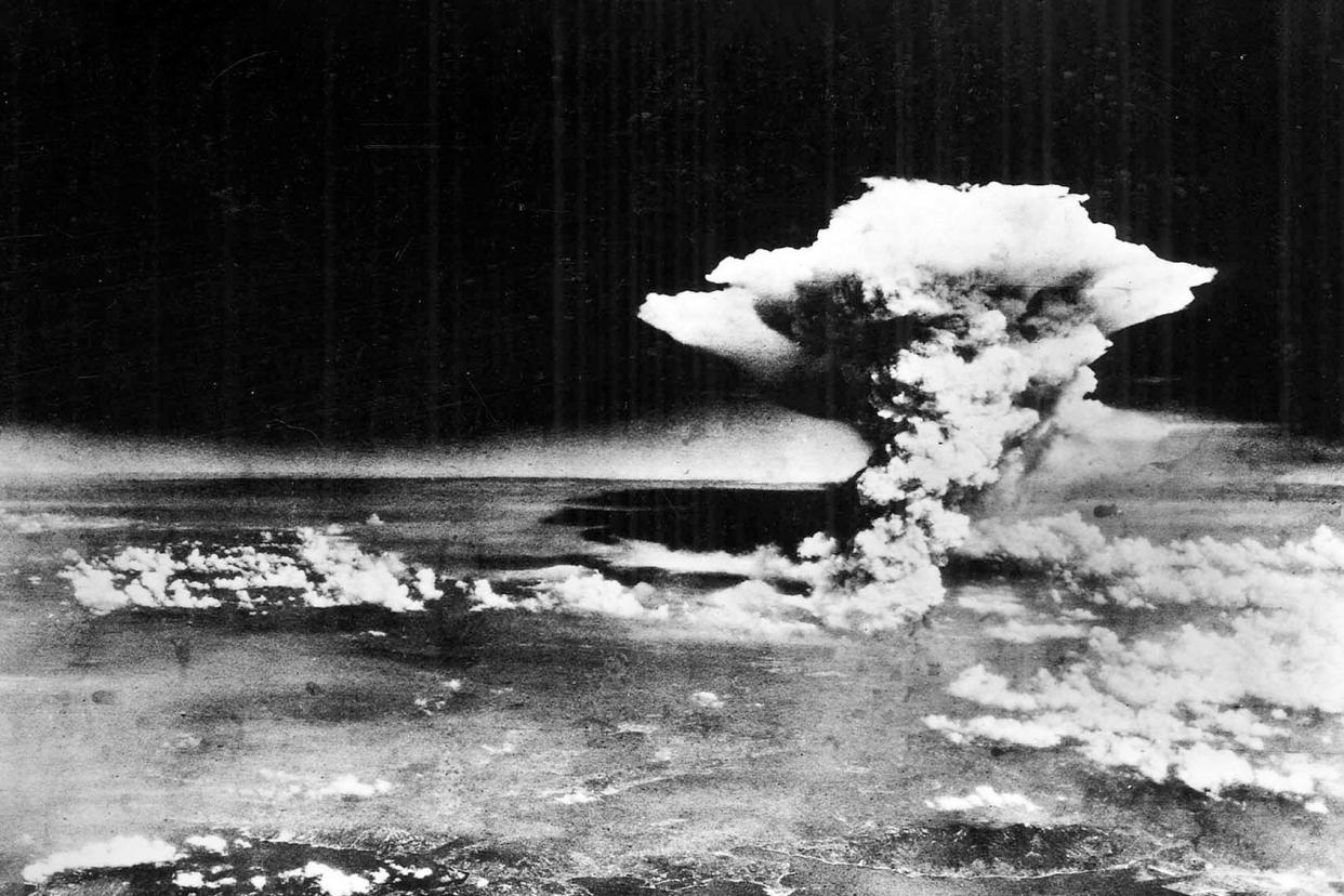 Aerial View Hiroshima Japan Little Boy Atomic Bomb Mushroom Cloud Universal History Archive/UIG via Getty images