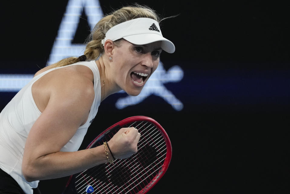 Germany's Angelique Kerber reacts during her United Cup quarterfinal tennis match against Maria Sakkari of Greece in Sydney, Australia, Friday, Jan. 5, 2024. (AP Photo/Mark Baker)